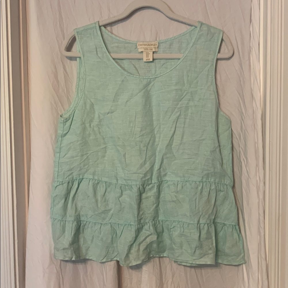 Cynthia Rowley Linen Mint Sleeveless Tiered Top EUC
